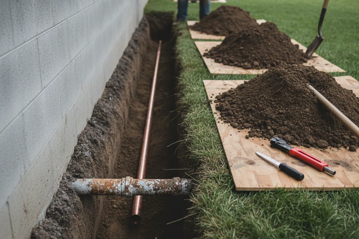 Excavated water line trench during Sewer Line Repair in Itasca
